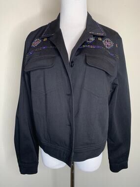 Vintage Nancy Bolen Beaded Black Jean Jacket Sz 10 Boho Casual